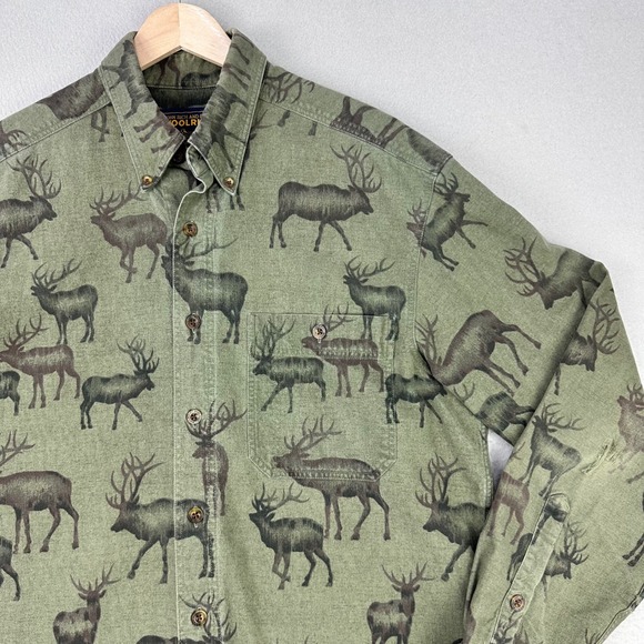 Woolrich Flannel Shirt Mens Large Green Elk AOP Long Sleeve Button Up Retro Work - Picture 3 of 10